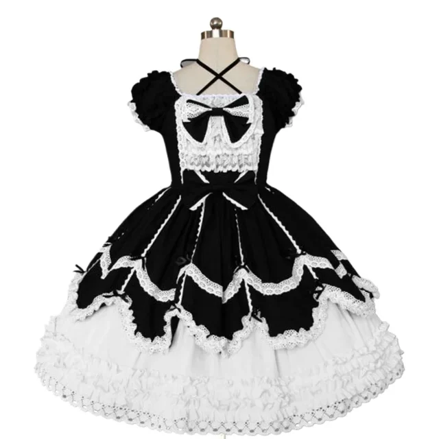 Sweet Women Lolita Princess Cosplay Prom Lace Dress Short Sleeves Halter Neck Ball Dance JSK Outfit Bow Tie Layer Maid Costume 2