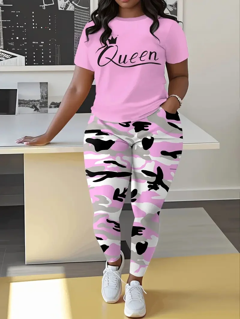 Traje casual de talla grande para mujer, conjunto de dos piezas con pantalones de camuflaje con estampado de letras a la moda