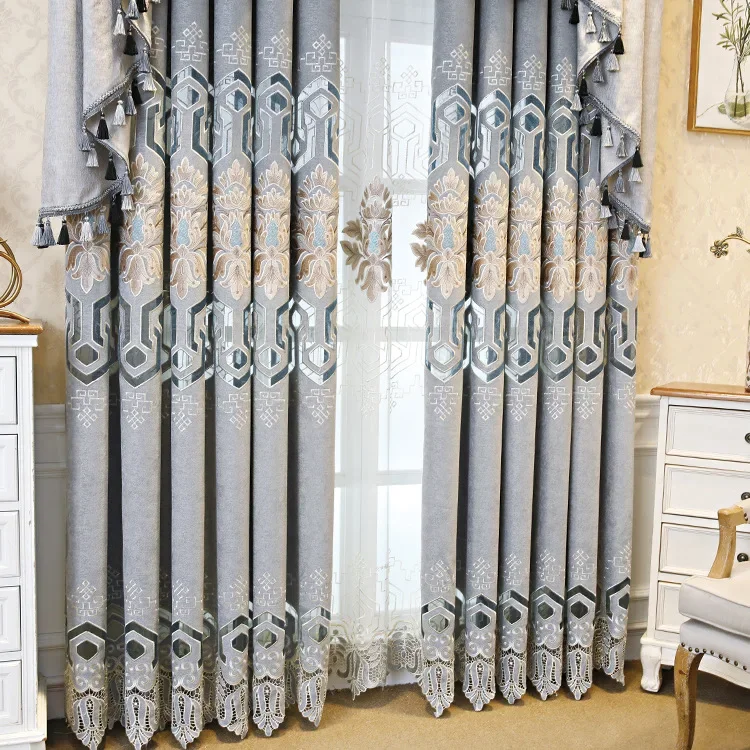 European Style Hollow Curtain High-end Bay Window Luxury Shading Curtains for Living Dining Room Bedroom