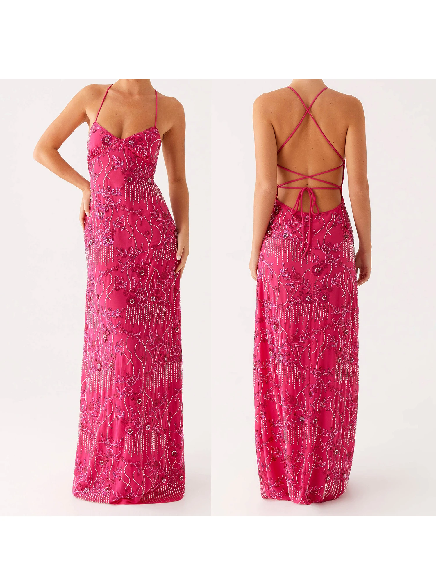 Elegant Floral Embroidered Maxi Dress with Sequins Detailing Sleeveless V-Neck Cami Dress for Summer Stylish Cross Back