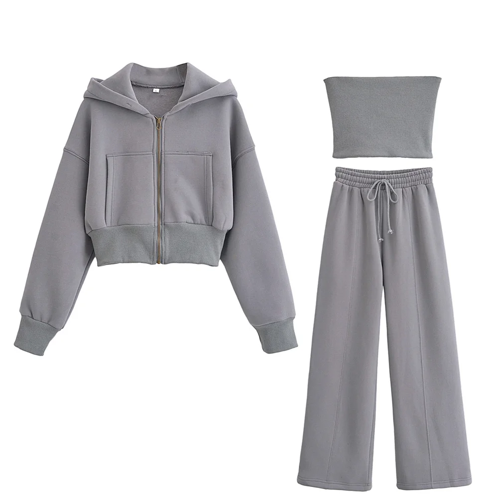 PB&ZA 2024 Spring New Women\'s Fashion and Elegance Versatile Hooded Short hoodie+suspender+loose flannel jogging pants set