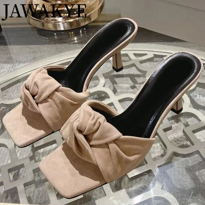 

Runway Brand Turn Over Tied Women Slippers Square Toe High Heel Leather Ladies Pumps Sweet Female Mules Woman Slippers Summer