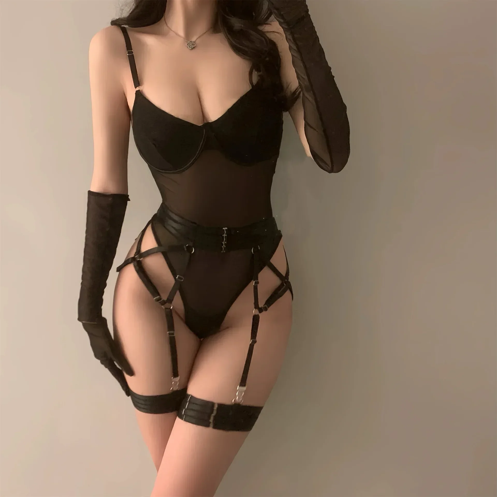 مثير المرأة مشد الدانتيل شبكة الملابس الداخلية إغراء ارتداءها شفافة الكبار زي حفلة بودسوت/ بدلة الجسم المصنوعة من الدانتيل مع قفازات Crotchless #5