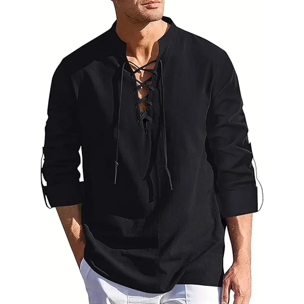 Mens Long Sleeve Pirate Henley Collar Shirts Drawstring Cotton Linen Lace Up V Neck Shirts Hippie Beach Spring Summer Tops