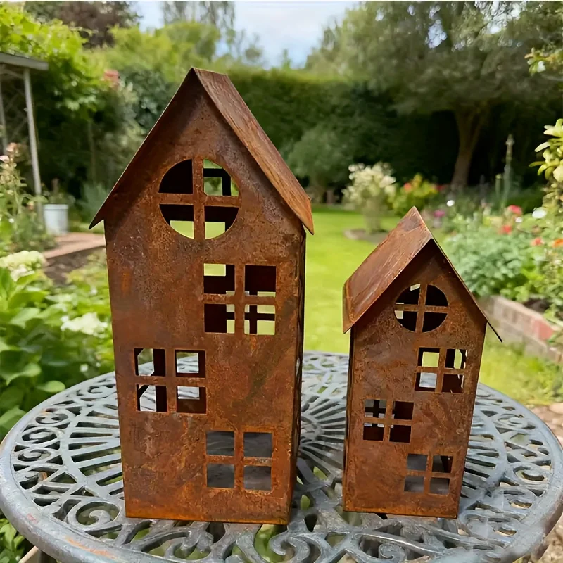 1pc Vintage Rusty Garden House Holiday Candle Holder, Rust-Colored Outdoor Decorative Lantern Candle Stand, Two Sizes of Rusty