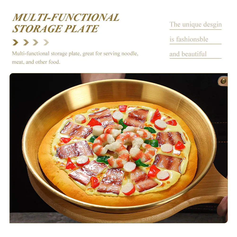 Stainless Steel Pizza Plate Round Premium Metal Food Serving Tray Multi-Purpose Food Severing Dish for Seafood Meat Noodles