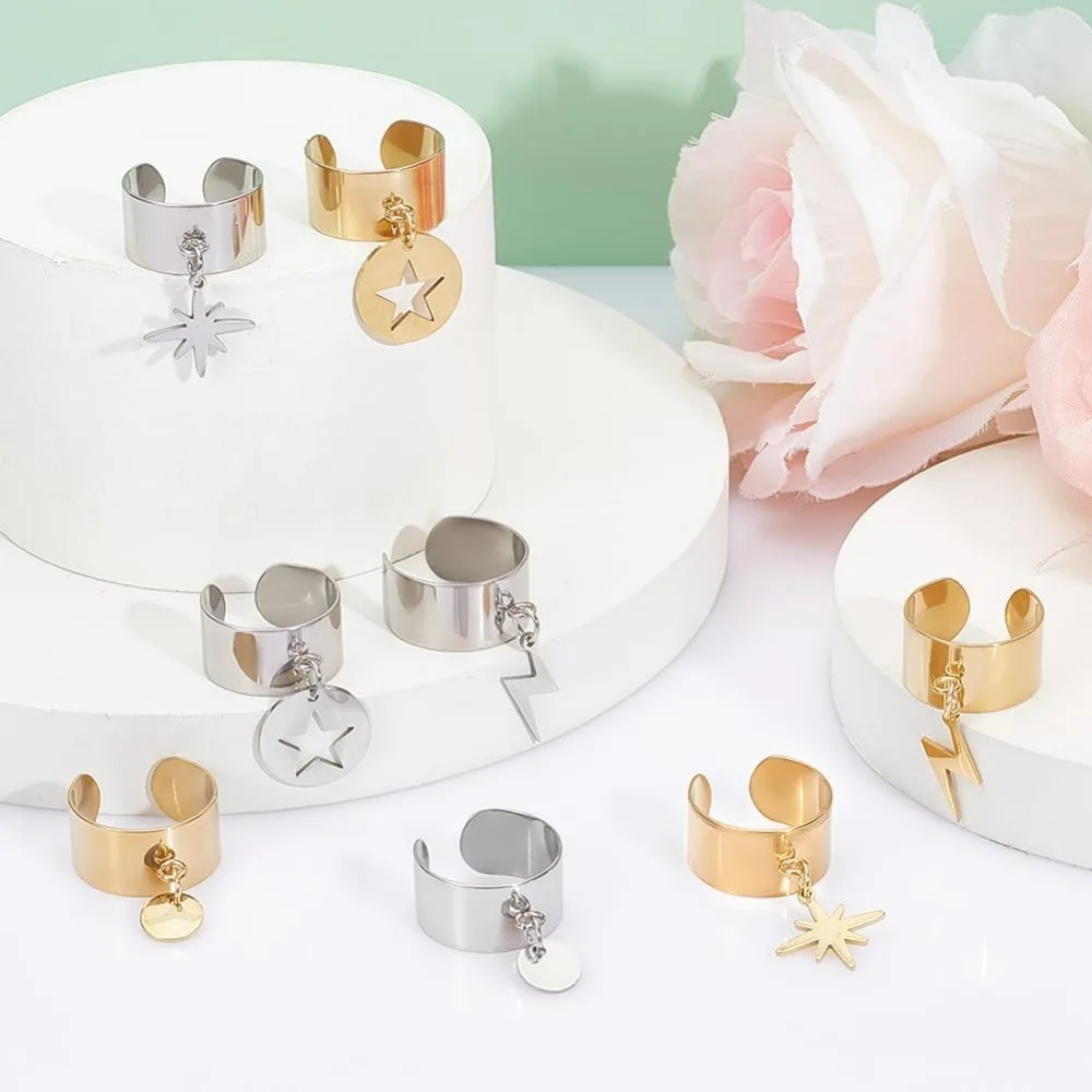 8Pcs 4 Styles Stainless Steel Charm Rings Open Adjustable Rings with Round Lightning Pendants Fashion Ring for Anniversary