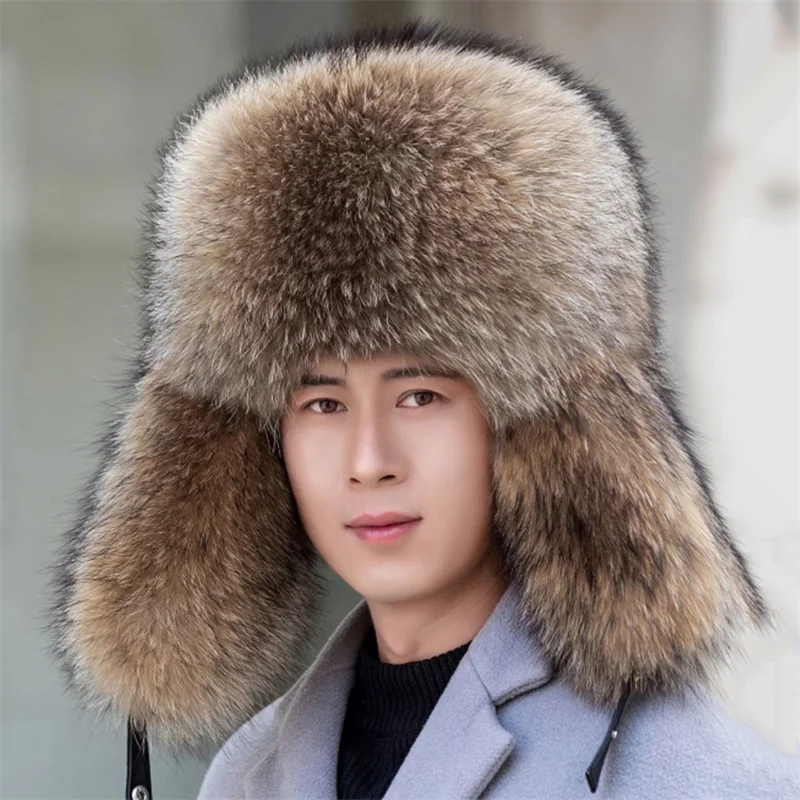 Nowy zimowy męski 100% prawdziwy srebrny lis Aviator Bomber Hat Raccoon Fur Ushanka Cap Trapper Russian Man Sik Hats Caps Real Fur Hats