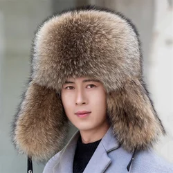 New Winter Men's 100% Real Silver Fox Aviator Bomber Hat Raccoon Fur Ushanka Cap Trapper Russian Man Sik Hats Caps Real Fur Hats