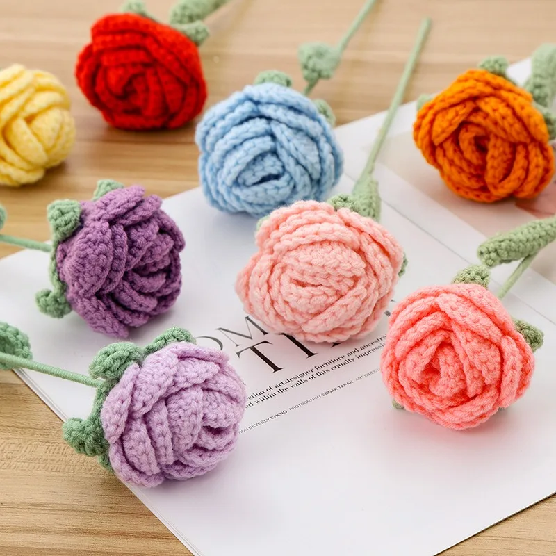 

Simulation Woolen Yarn Knitted Roses Handmade Artificial Single Pure Color Rose Girls Birthday Party Decors Wedding Supplies