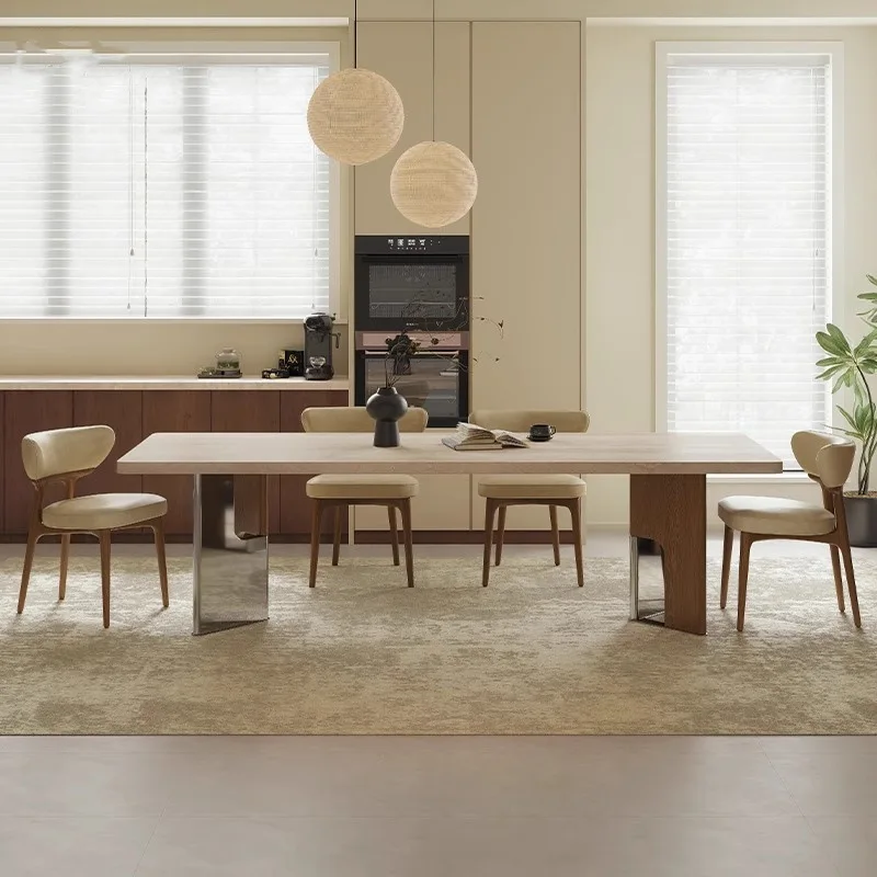 

French Bauhaus retro travertine rock slab dining table and chairs solid wood home villa medium ancient style hanging