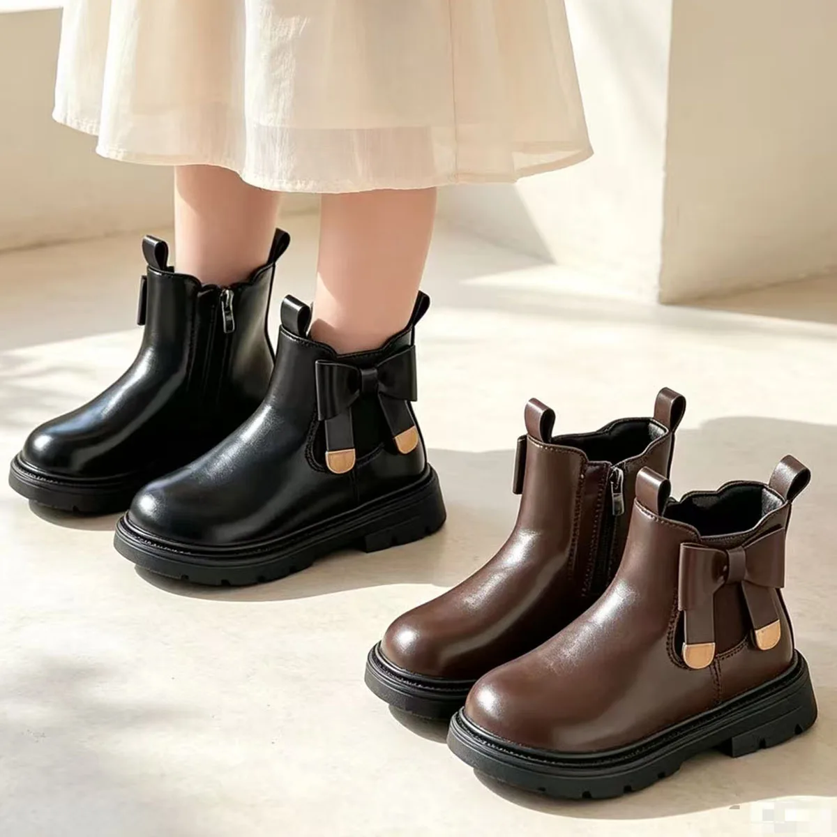 New Girls Vintage Bow Short Boots Spring Autumn Soft-soled Slip-resistant Students Comfortable School Shoes Kids Children Party