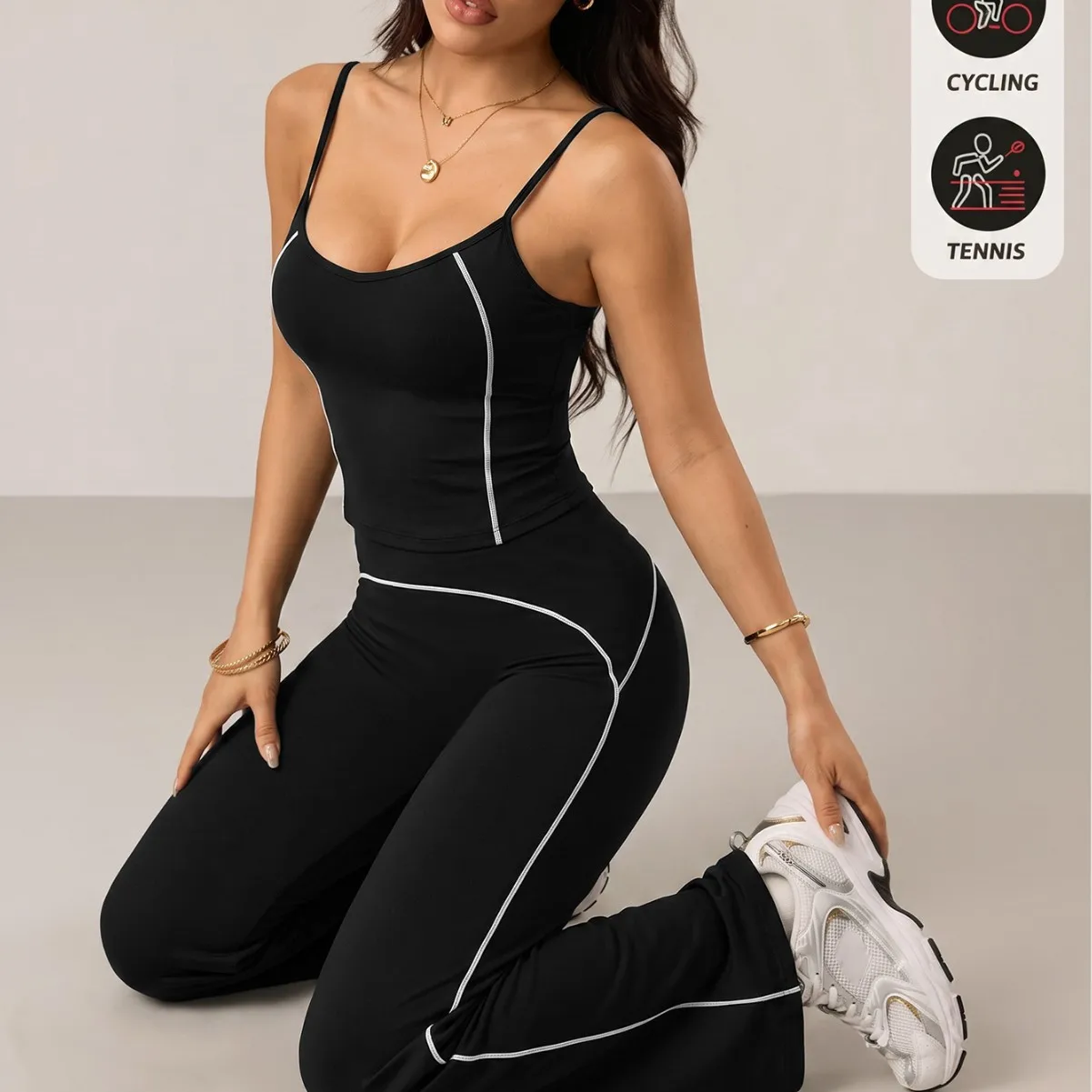 Women 2Pcs Sport Yoga Sets Outfit Piping Cami Top High Waist Line Wide Leg Pants Casual Workout Tracksuit Trousers Sportswear