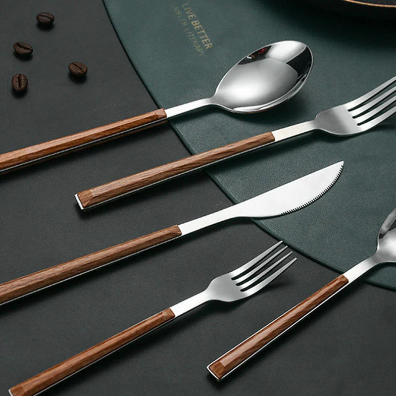 1pcs Stainless Steel Imitation Wooden Handle Cutlery Set Dinnerware Clamp Western Tableware Knife Fork Tea Spoon Silverware