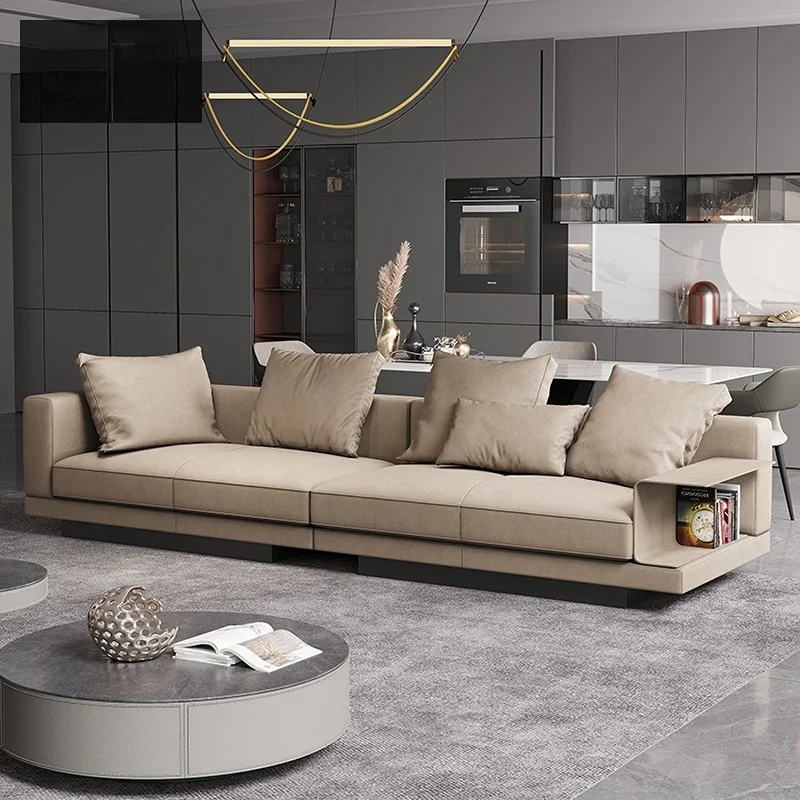 Italian minimalist leather sofa, modern simple and light luxury living room, straight front cowhide small family sofa