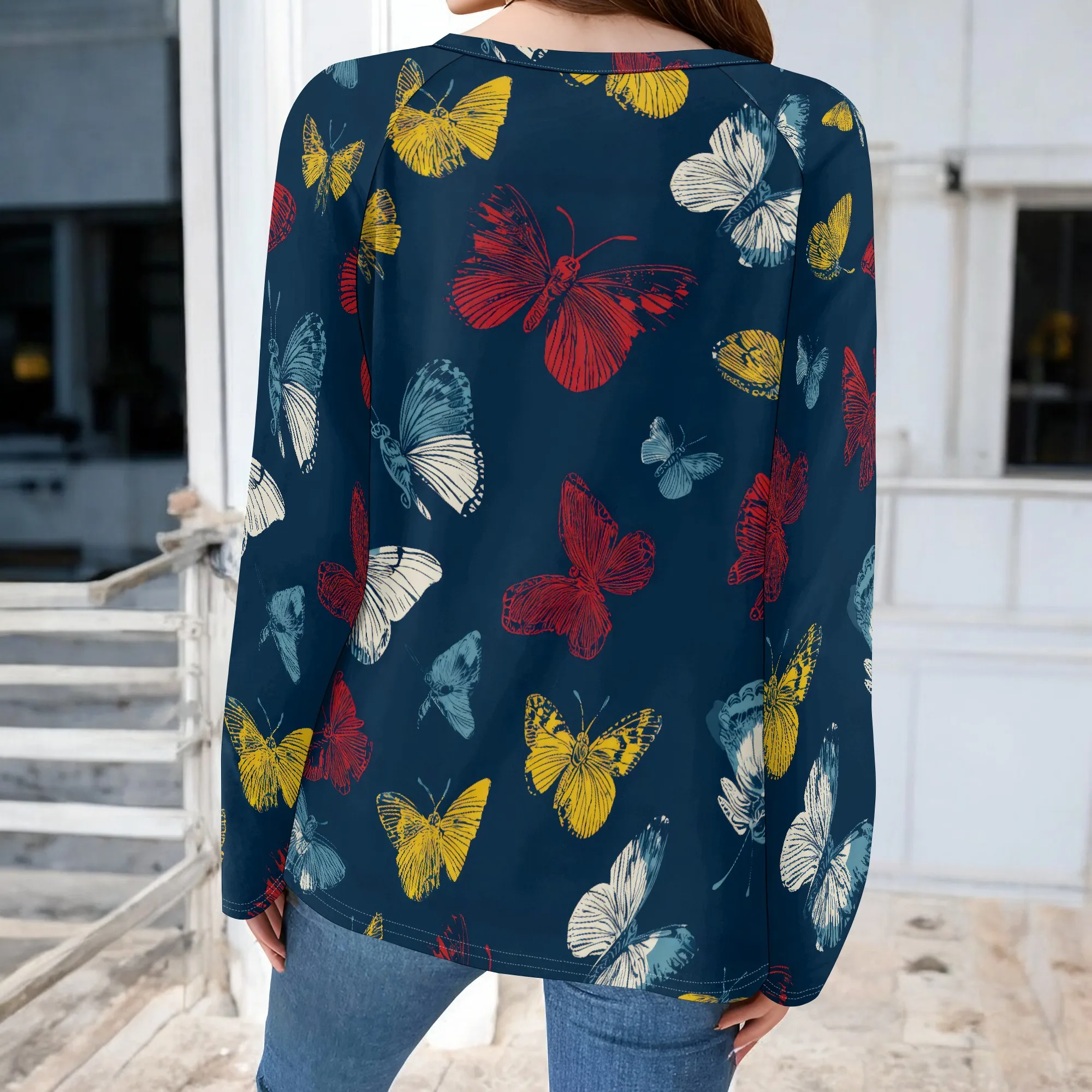 Camicette a farfalla da donna Camicie a tunica a maniche lunghe autunnali eleganti e casual Felpe con pullover grafico vestibilità ampia