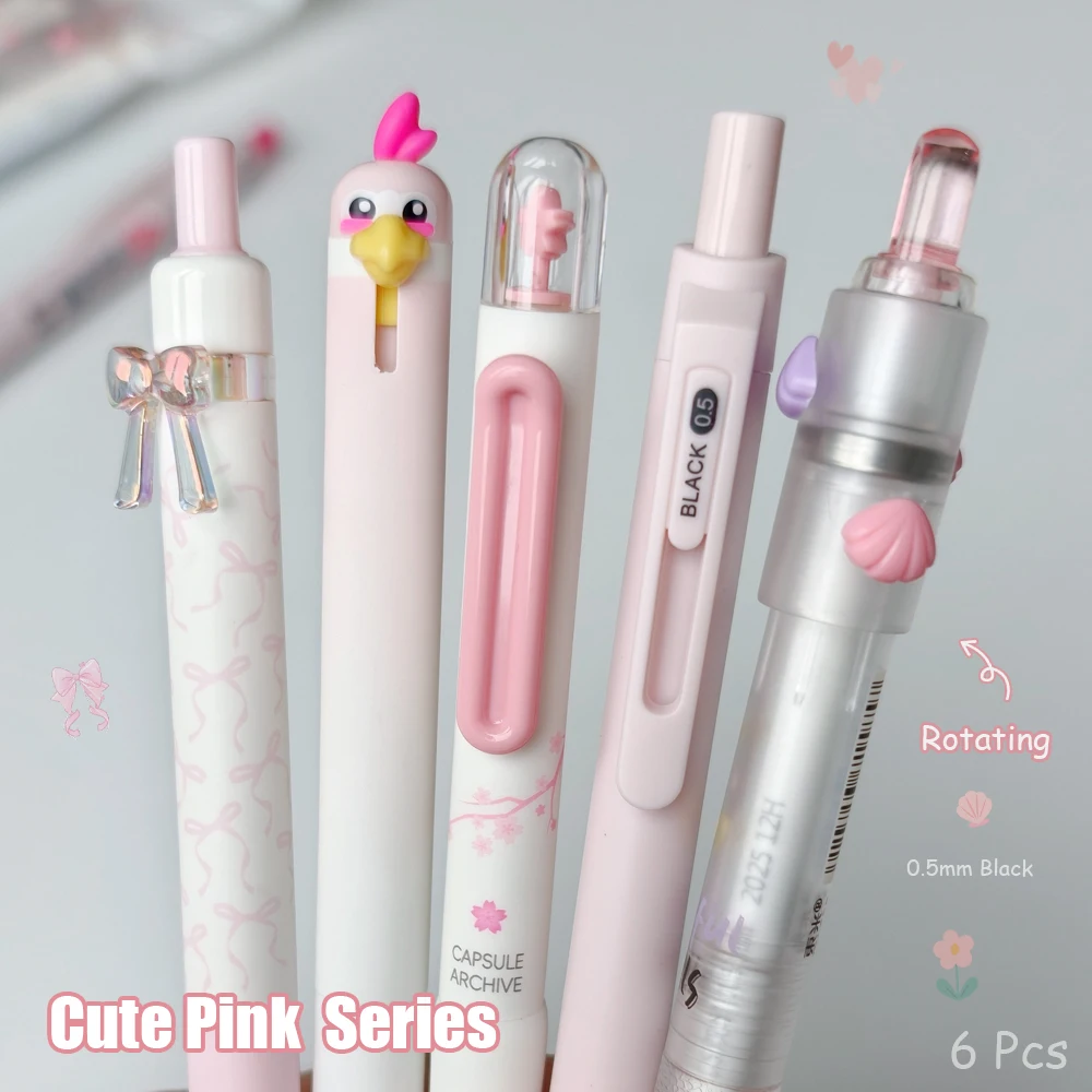 6-Pcs Fun Pink Gel Pen Set 0.5mm Cute Style Quick-Drying Black Pens for Study & Office Use