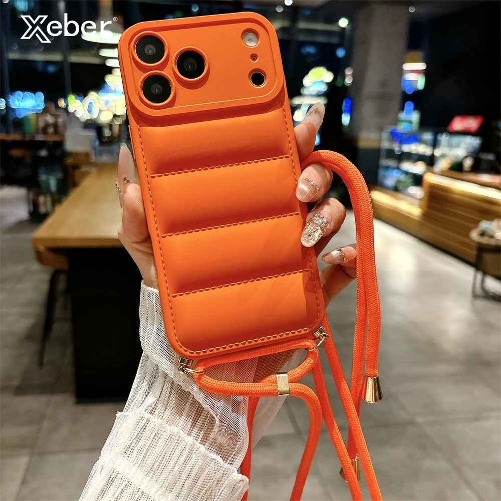Weiche Daunenjacke mit Umhängeband für iPhone 17, 16, 15, 14, 13, 12, 11 Pro Max Plus Air XR XS Max, langer Riemen, einfarbige Abdeckung