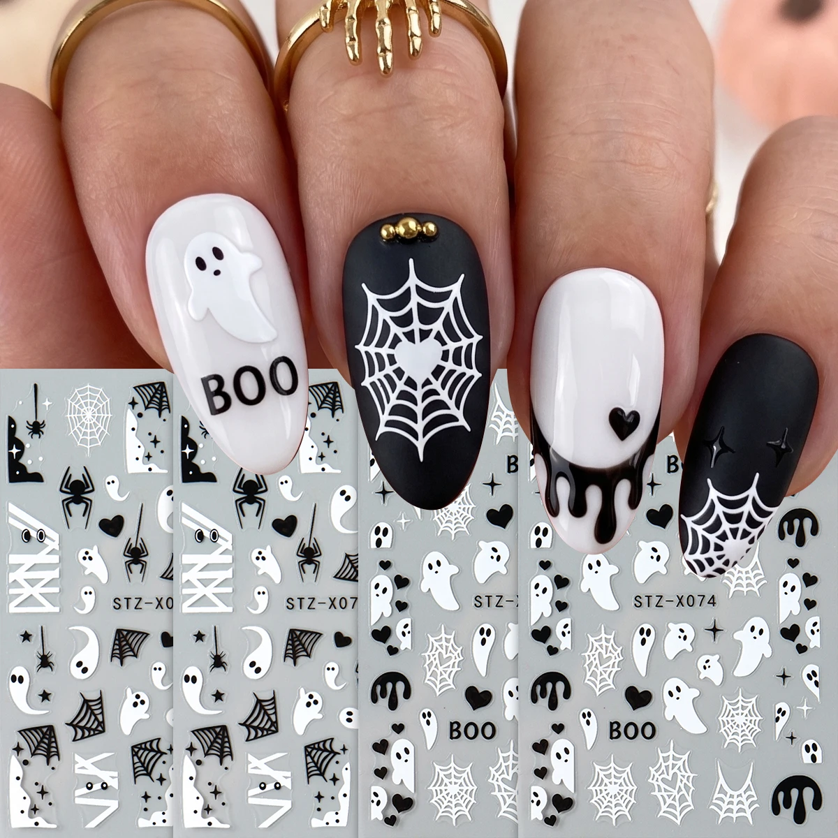 4 Stück schwarz-weiße Geister-Halloween-Nagelaufkleber, niedliche Gothic-Style-Cartoon-Geister, Spinnennetze, Nagelaufkleber, DIY-Maniküre-Dekorationen – Detail 4