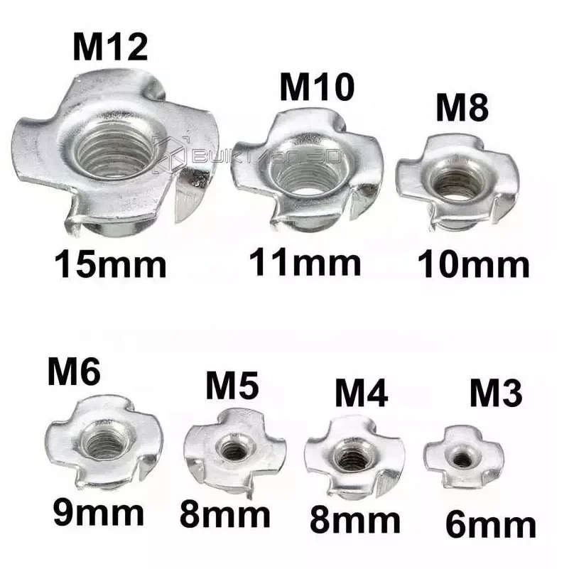 50Pcs/lot M3 M4 M5 M6 M8 M10 Thickened Zinc Plated Four Claws Nut Speaker T-nut Blind Pronged Insert Tee Nut Furniture Hardware