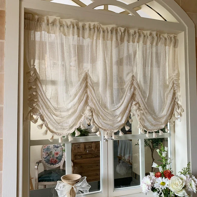 Tie Up Valance Curtain Farmhouse Rustic Adjustable Light Filtering Rod Pocket Window Drapes 1 Panel for Kitchen Living Room Home