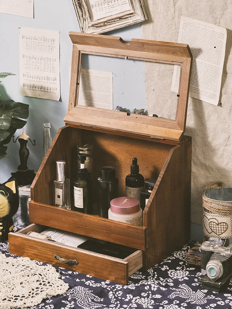 Vintage bedroom dresser solid wood storage box drawer type wooden perfume cosmetics desktop glass dustproof cabinet