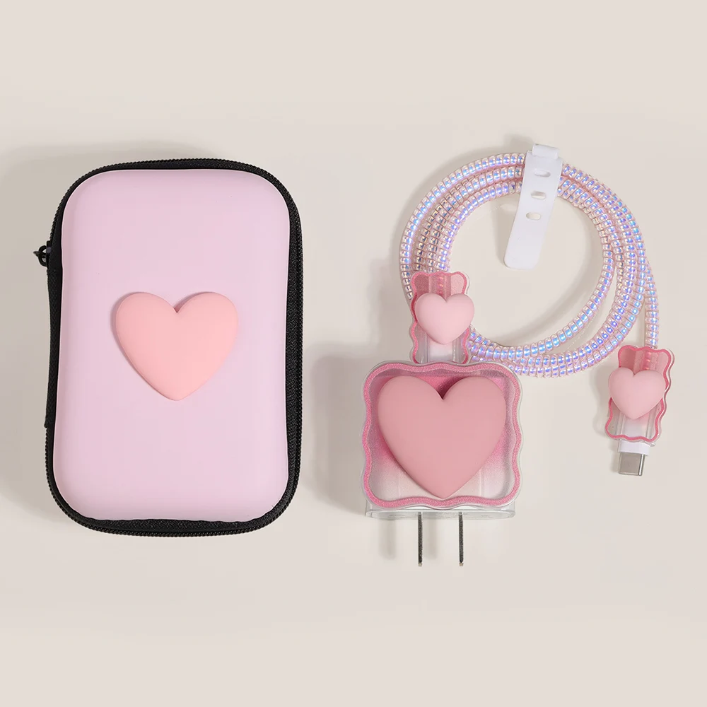 Korea Cute 3D Love Heart+EVA Storage Bag Set Charger Cover For IPhone 16 15 14 13 12 11 18W-20W Charge Correa Protection Sleeve