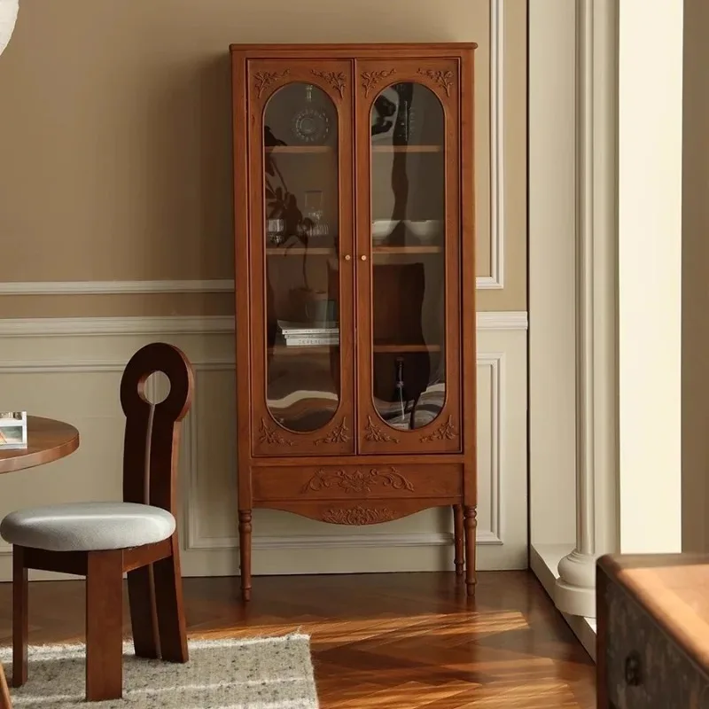 Household retro solid wood wine cabinet caramel color display cabinet living room bookcase cherry wood French style