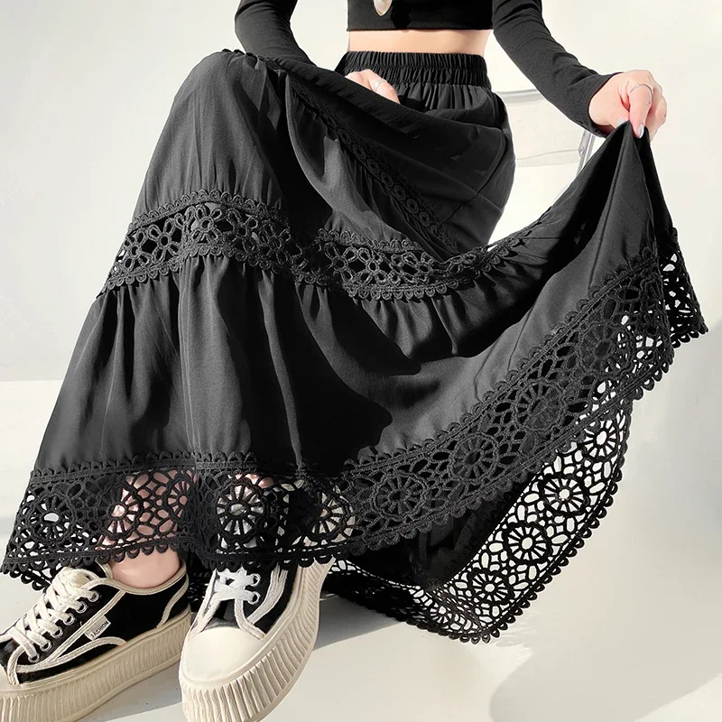 Women's Crochet Hollow Out Tiered Skirt Spring Summer A-line Maxi Skirt White Lace Trim High Waist Elastic Flared Long Skirt