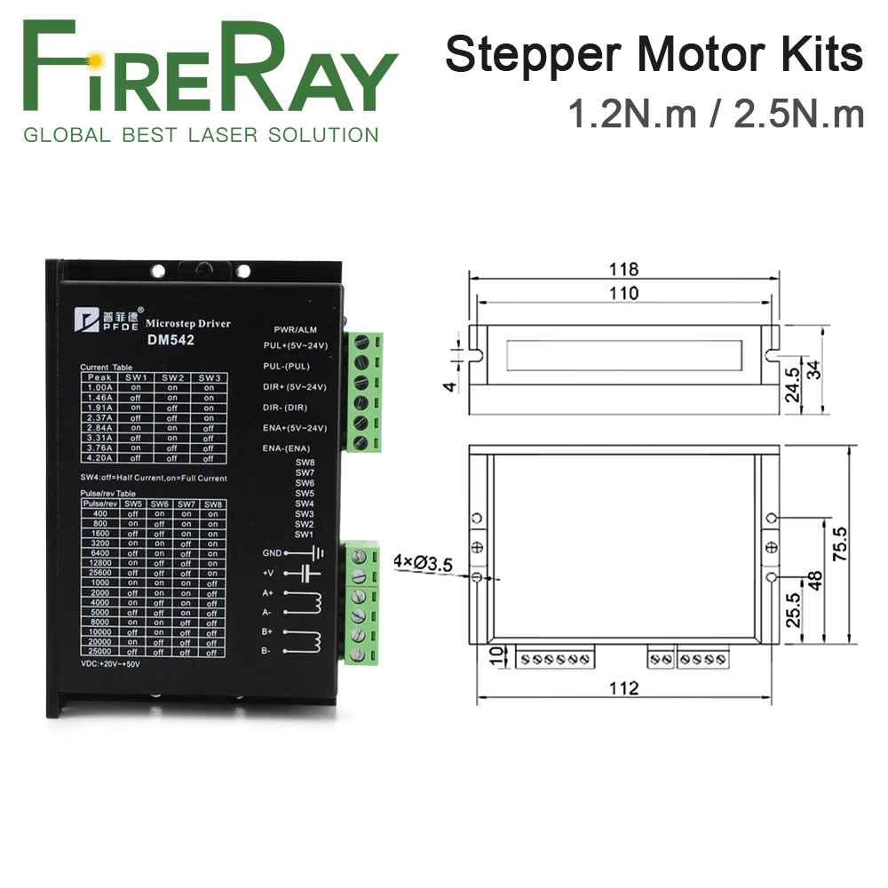 FireRay 1.2N.m 2.5N.m Stepper Motor Driver Kits Shaft Diameter 6.35mm 8mm DM542+57BYG250B/D