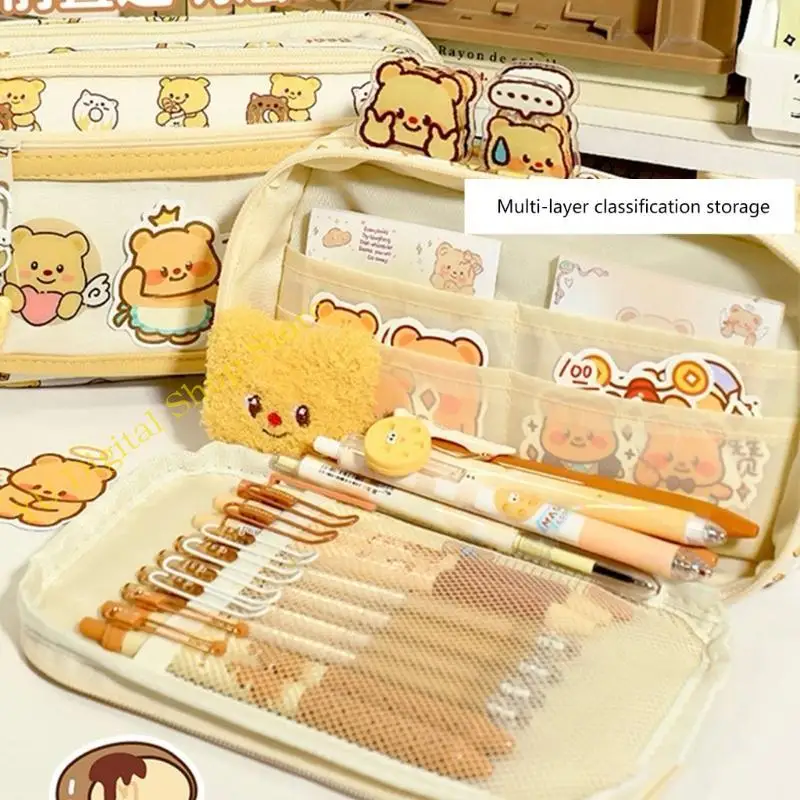 96BA Cartoon Bear Big Capacity Pen Case with Bear Stickers, Note Paper, Bear Keychain, Paper Clamp for Children Girl Student