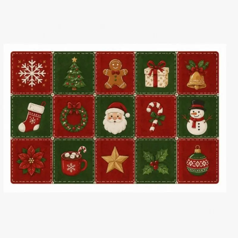 VIKAMA Patchwork Christmas Elements Doormat Non Slip Washable Front Entrance Rug Easy Care Indoor Xmas Home Decor