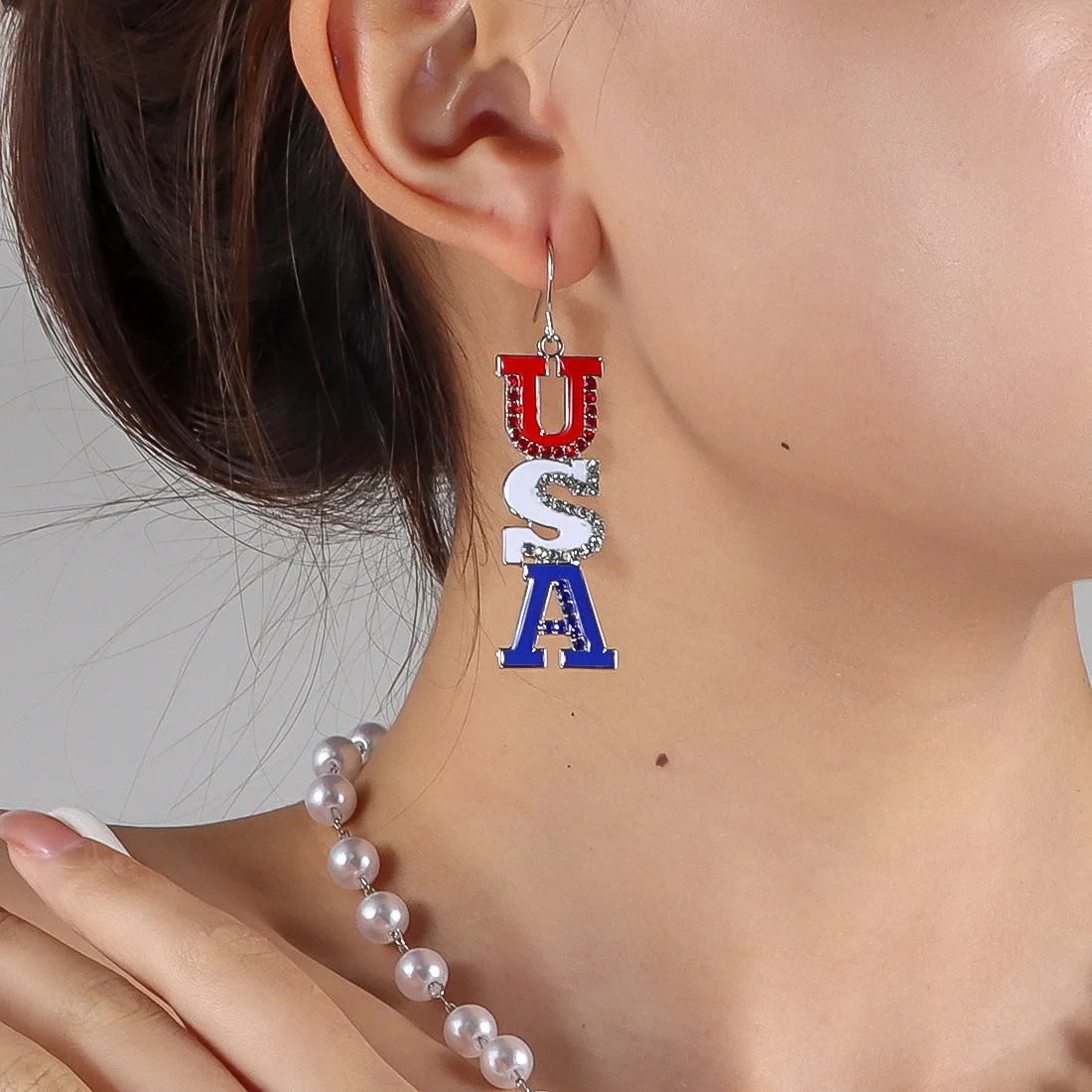 USA Letter Alloy Diamond Earrings Independence Day Flag Earrings E23150