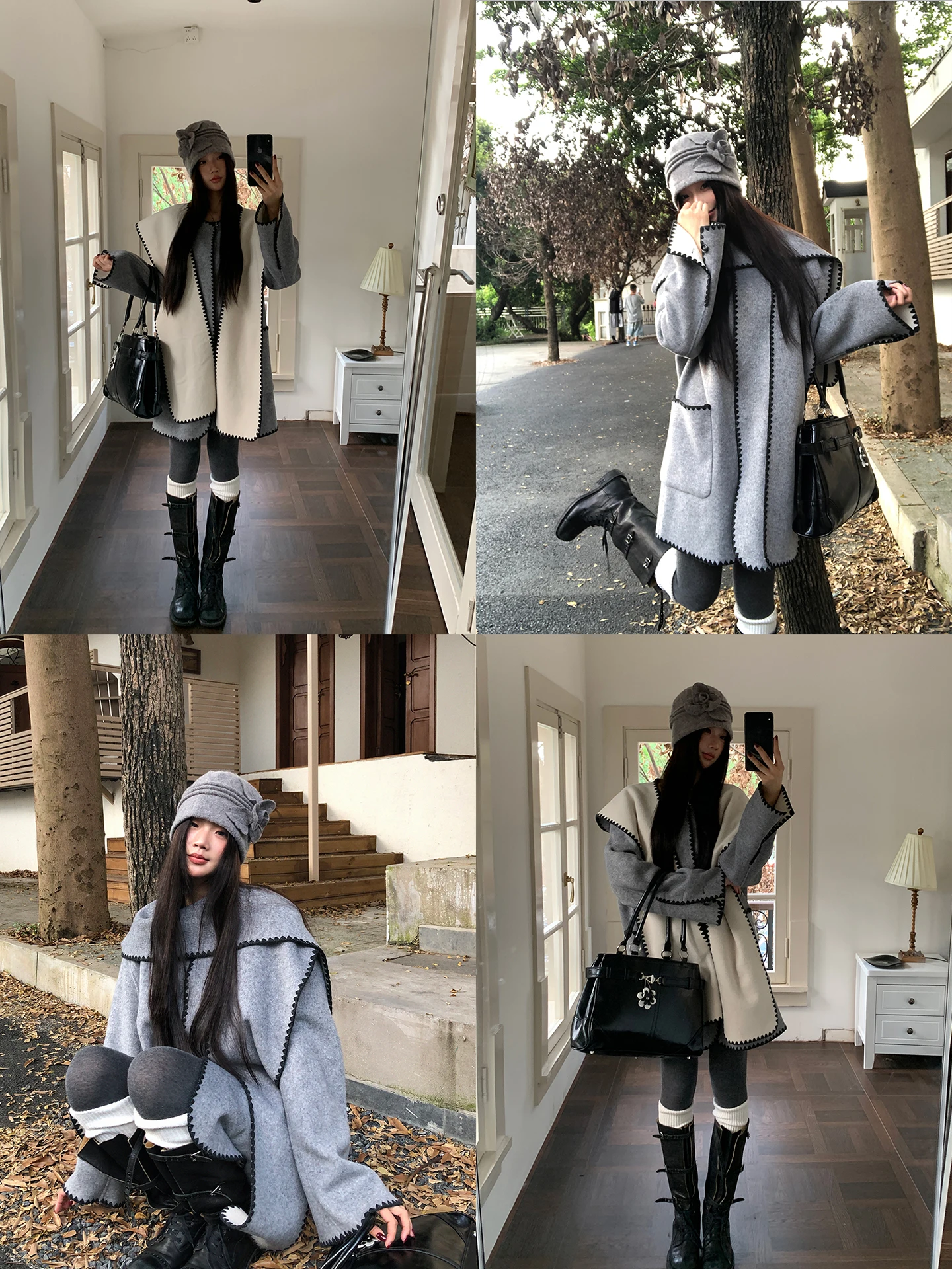 معطف صوف رمادي نسائي بتصميم شتوي جديد لعام 2025، ملابس خارجية من الموهير ذات طابع فريد، أزياء المشاهير الحمراء