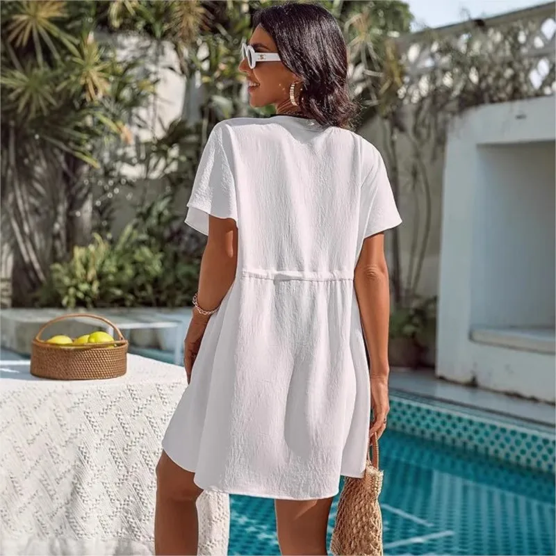 Boho-Damen-Sexy-Kleid 2025, Sommer, neues V-Ausschnitt, einfarbig, weiß, Schnürkleid, Urlaub am Meer, Stil, Bikini-Bluse, Strandrock für Damen