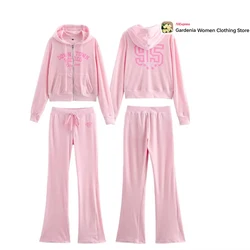 Aesthetic Women's Gorgeous Pink Two-piece Sport Set Fashion Velvet Hooded Jacket with Tonal Text Matching ComfyText Velvet Pants