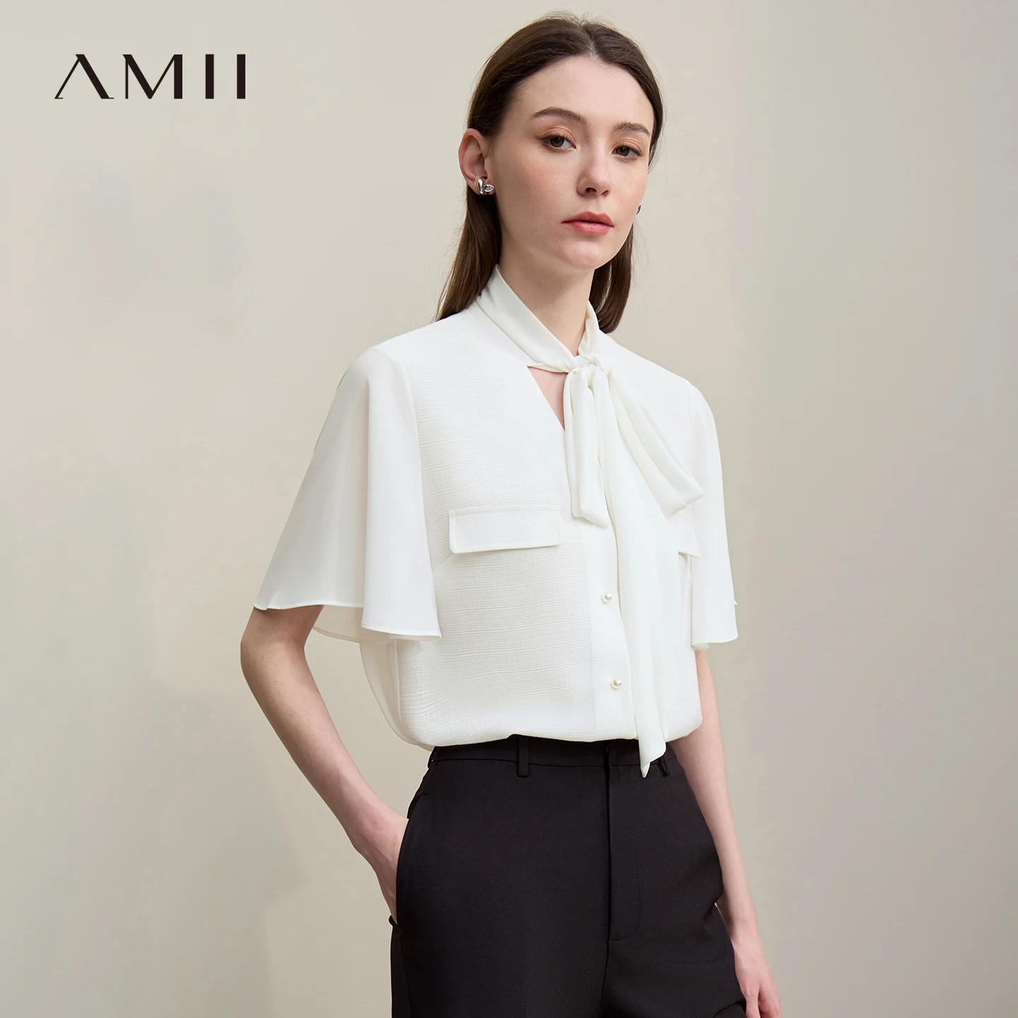 

Amii Women's Blouse 2026 Summer New Linen Blend Tie Neck Flounce Sleeve Chiffon tops Elegant Casual Shirt for Women 12622219