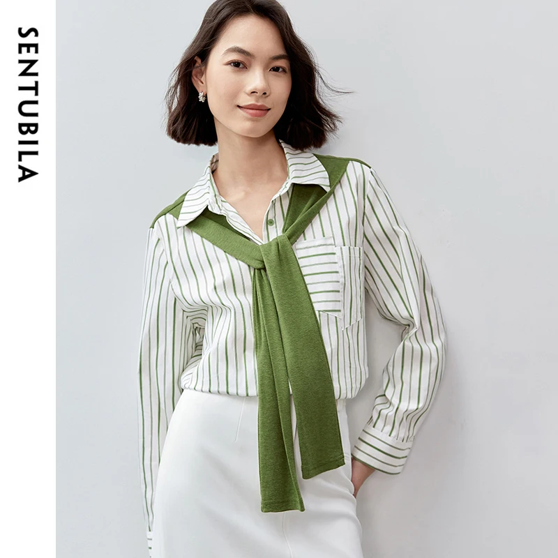 SENTUBILA femmes vert rayé chemises 2025 Patchwork écharpe décontracté jeune à manches longues haut femme automne vêtements 143C57367X