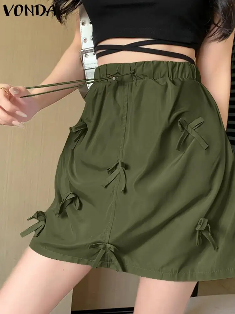 

VONDA Elegant Short Skirts 2024 Summer Women High Waist Bandage Casual Solid Color Bow Skirt Fashion A-Line Mini Skirt Oversized