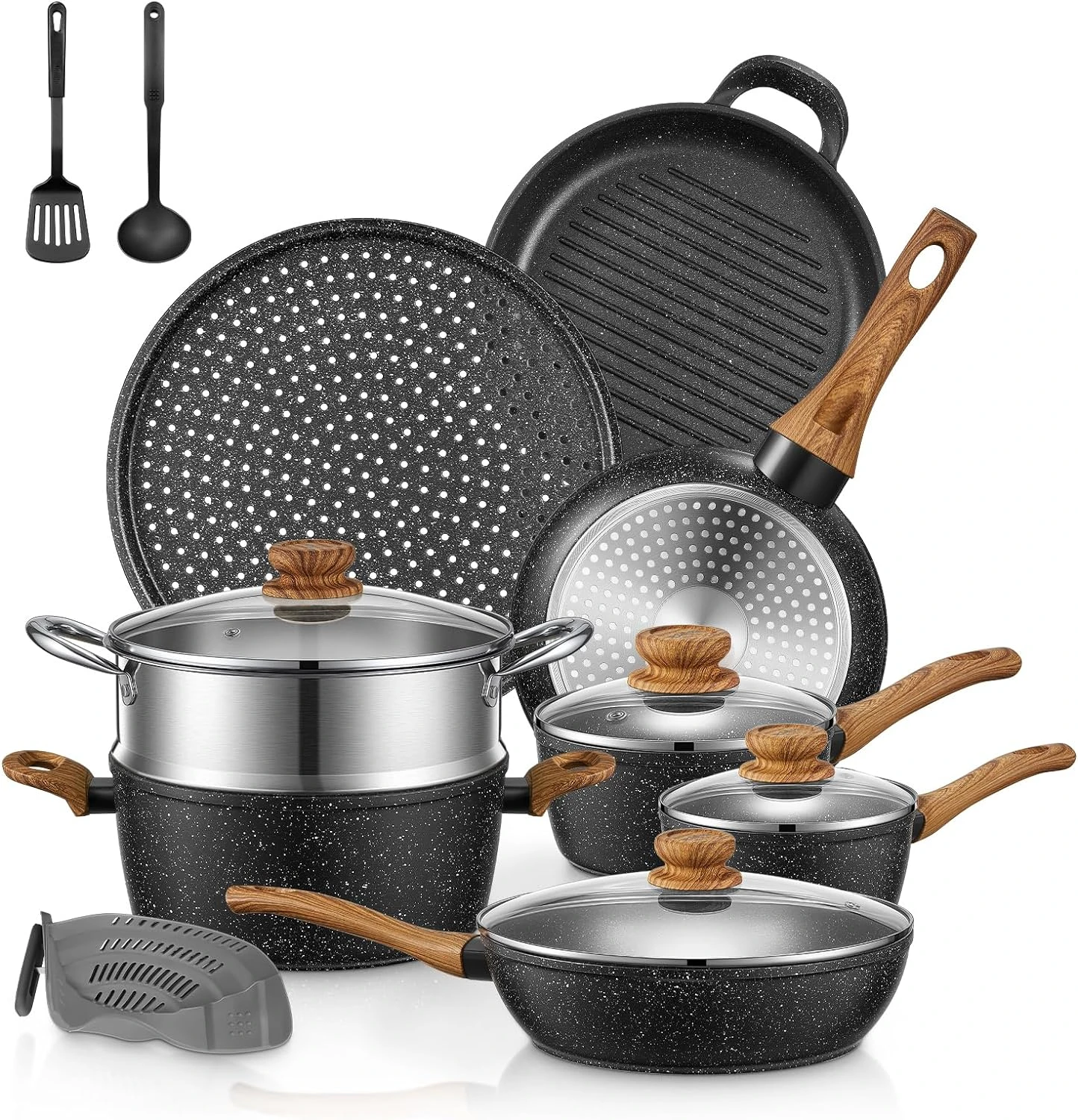

Pots and Pans Set with Lids 15 PCS, Aluminum Nonstick Induction Cookware Sets,w/Frying Pans, Saucepans, Stock Pot, Pizza Pan, Gr
