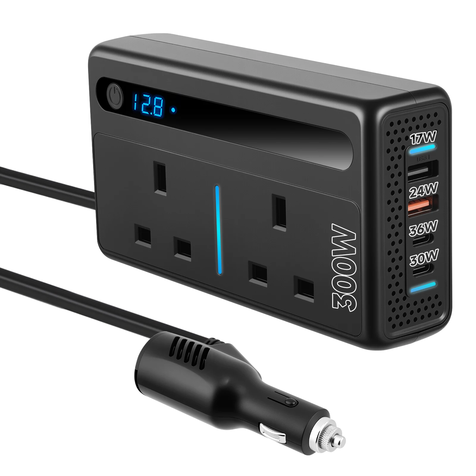 

Инвертор напряжения для автомобиля мощностью 300 Вт с 2 розетками стандарта Великобритании. 2 порта USB и 2 порта Type-C, DC 12/24В в AC 240В