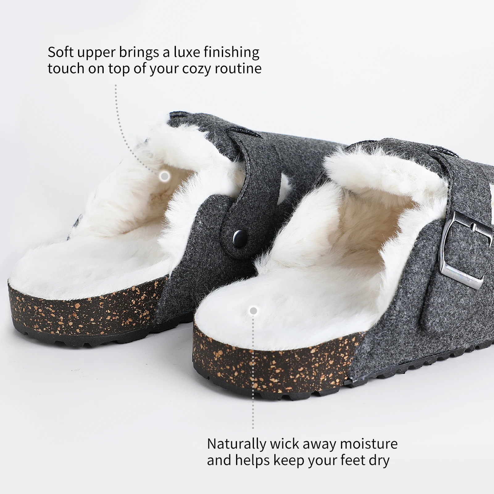 Women Cork Clogs for Women, Indoor Outdoor Fuzzy Slipper Warm Shoes, Cozy Mules & Clogs with Buckled Felt