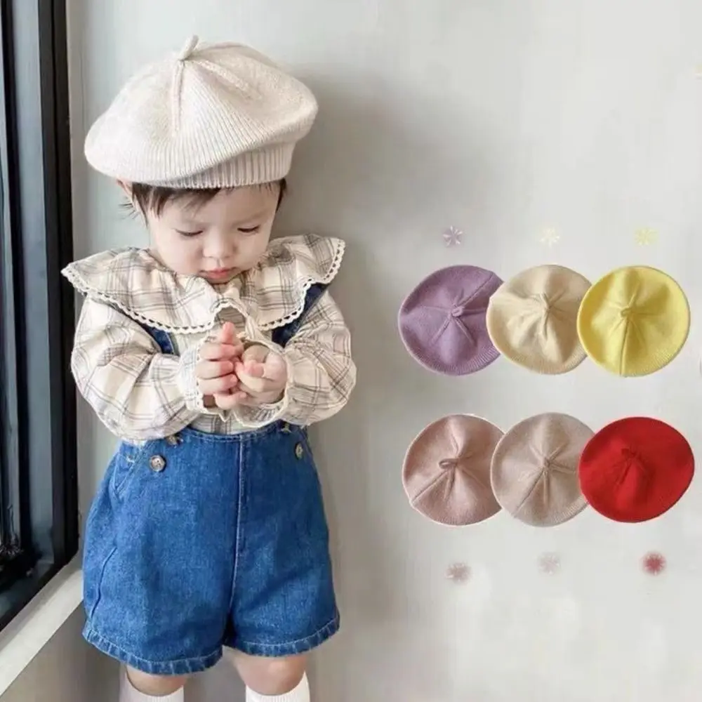 

Vintage Knitted Kids Berets Solid Color Round Children Warm Beret Artist Painter Bonnet Boys Girls