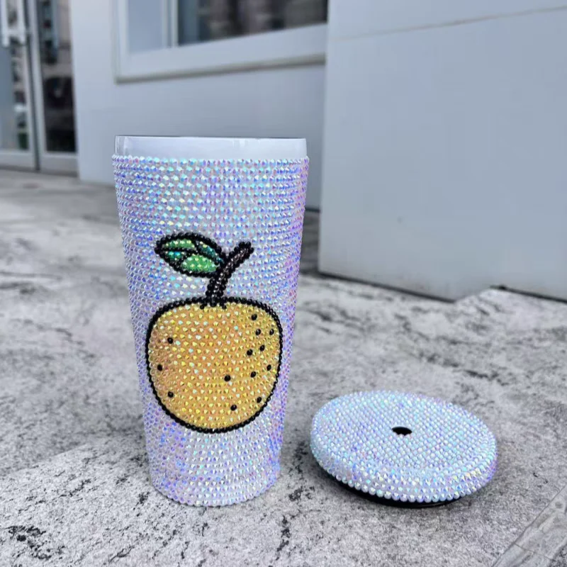 500ml Rhinestone Straw Cup Fruit Design Coffee Mug Double Layer Ice Drink Vacuum Thermal Insulated Flask Handmade Bling Gift