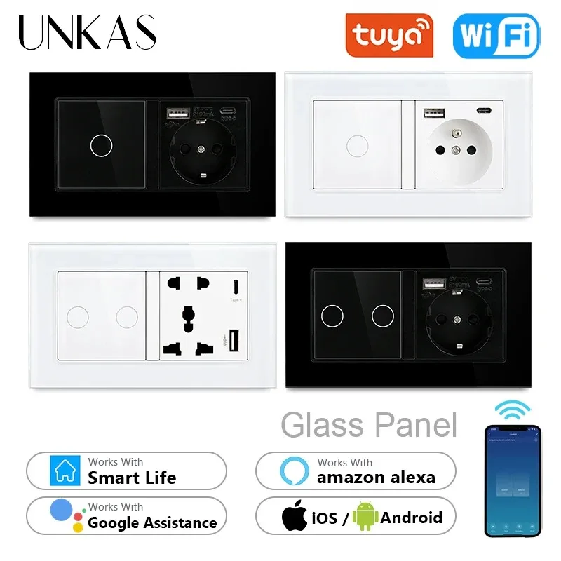 

UNKAS Glass Panel WiFi Single Live Line Light Switch EU Socket Type-C Port Touch on / Off 1 2 Gang White Black Outlet