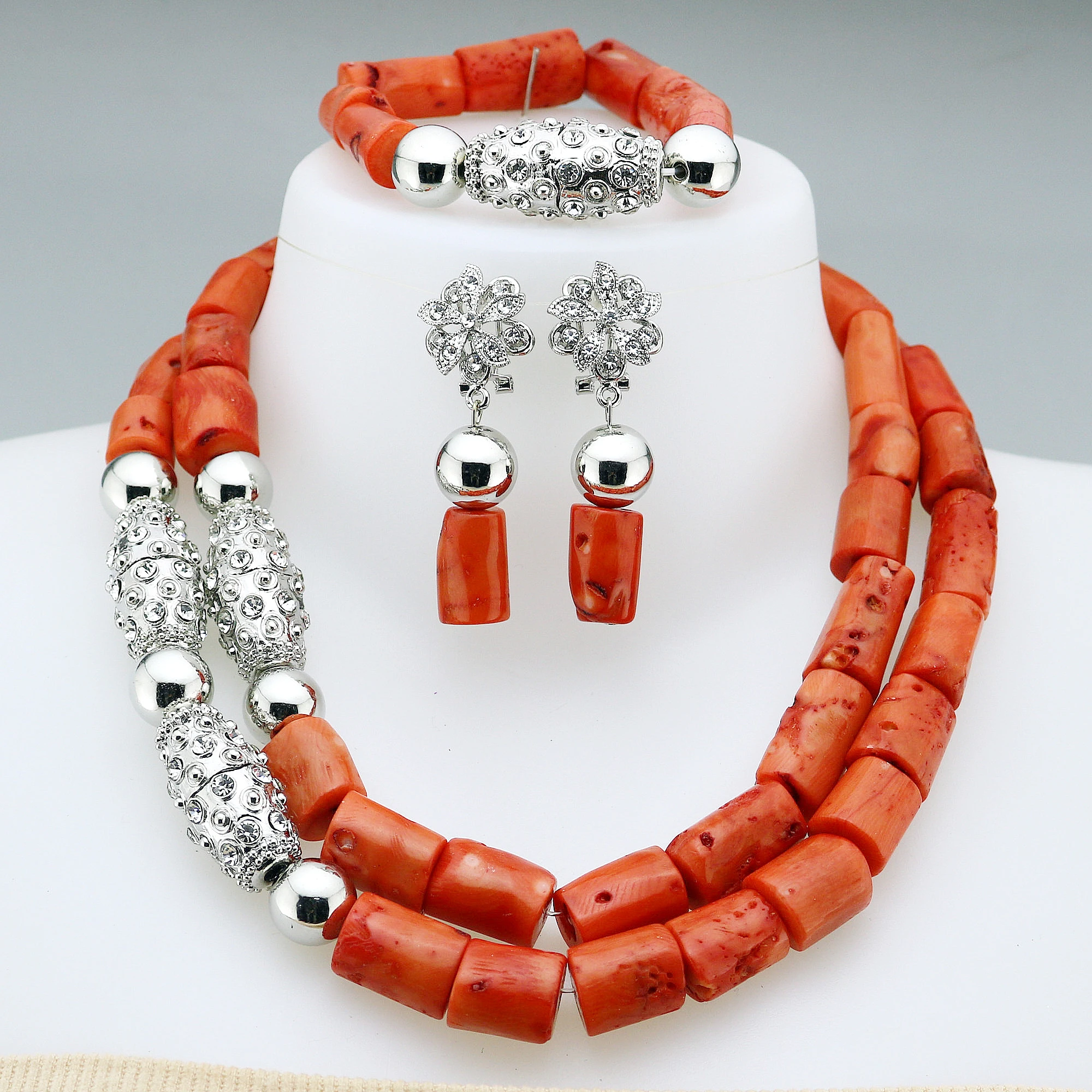 

Orange Coral Necklace Bracelet Earrings Nigerian Dubai Wedding African Bridal Coral Beads Jewelry Set