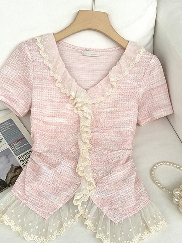 

Sweet Style plus Size Summer Top Elegant Lace Trim Splice Women's Shirt Fashionable Korean Version Breathable Skin-friendly