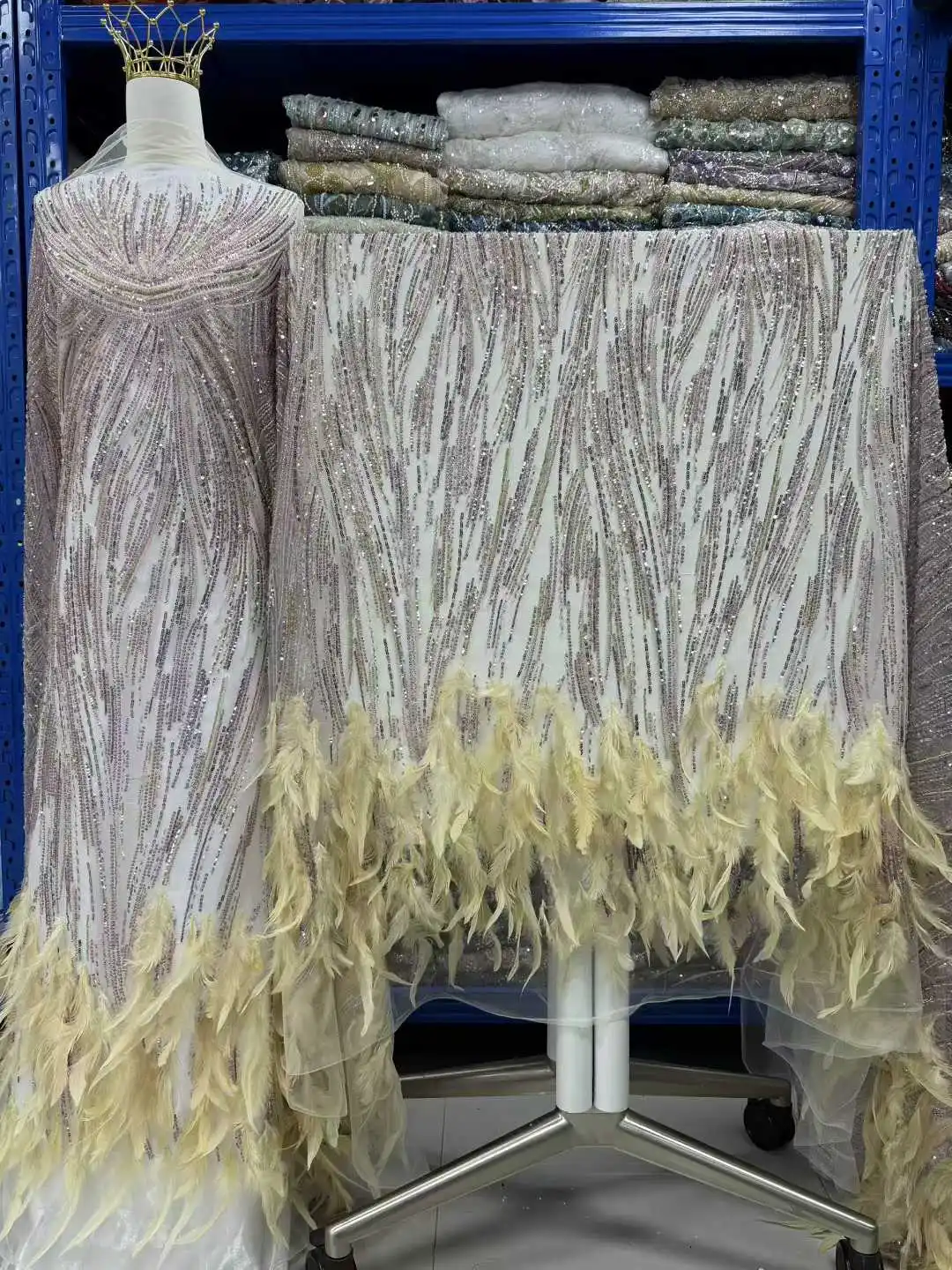 

African 3D Feather Sequin 2026 Latest Hot On Sale African French Party Lace Fabric Tulle Nigerian Beads Fabric For Wedding Dress