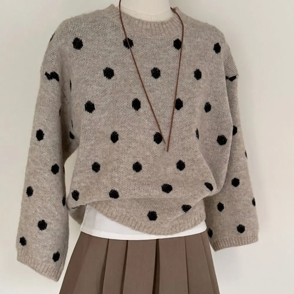 الترفيه طويلة الأكمام متماسكة سترة قصيرة فضفاضة لينة نقطة الكروشيه تريكو المرأة أعلى الخريف الحلو الفتاة البلوز المرأة #5