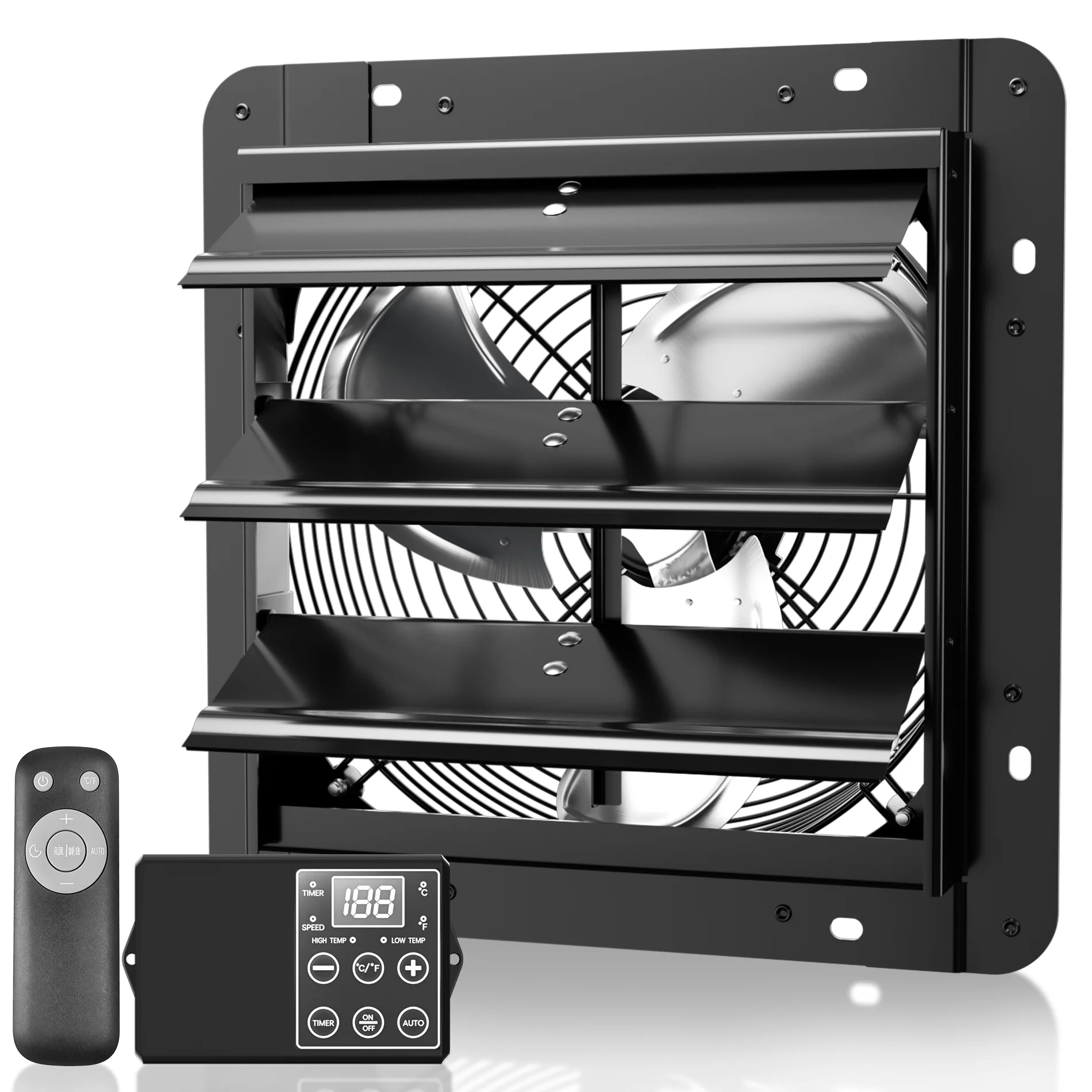 

12"/14"/16" Shutter Exhaust Fan with Thermostat & Smart Speed Remote Control, Automatic On/Off by Temperature, 2633CFM Wall Mounted Garage Fan for Attic, Greenhouses, Sheds, Chicken Coops & Shops